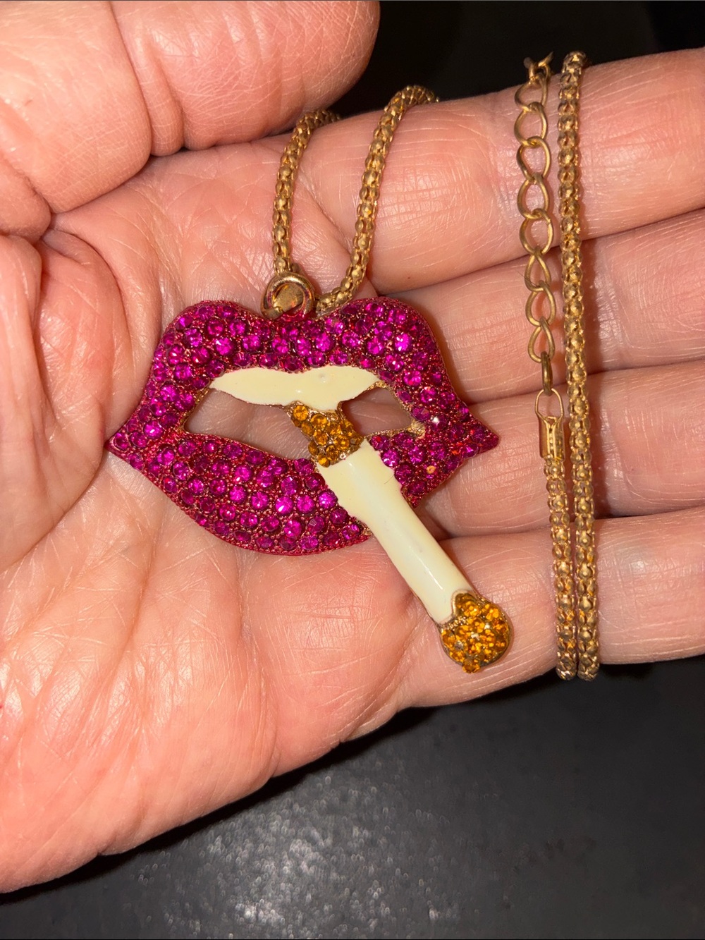 Pink Crystal Lips 👄 With Bright White Teeth Playful Cigarette Accent Necklace